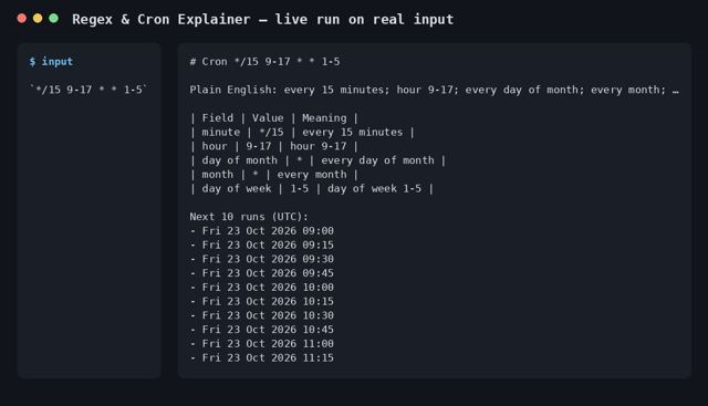 Regex & Cron Explainer sample output