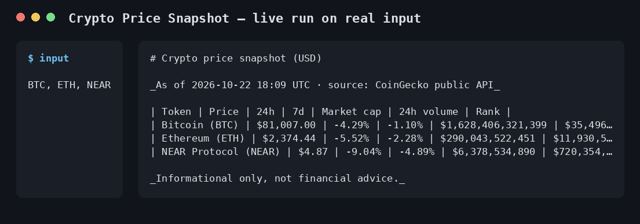 Crypto Price Snapshot sample output