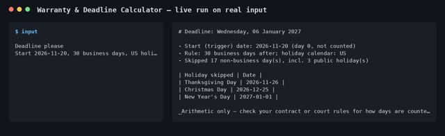 Warranty & Deadline Calculator sample output