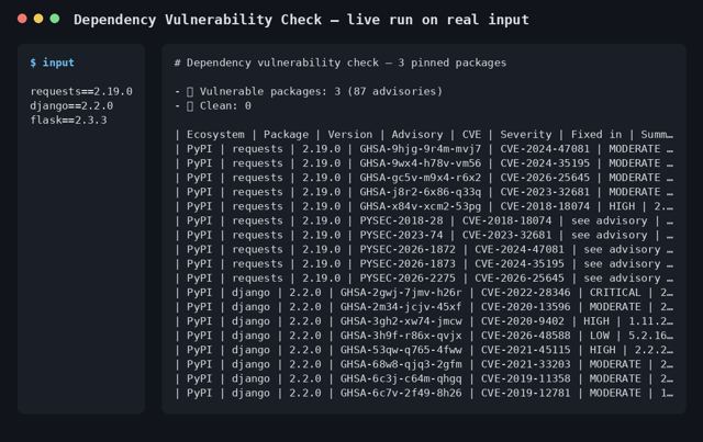 Dependency Vulnerability Check sample output
