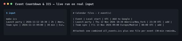 Event Countdown & ICS sample output