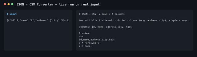 JSON ⇄ CSV Converter sample output