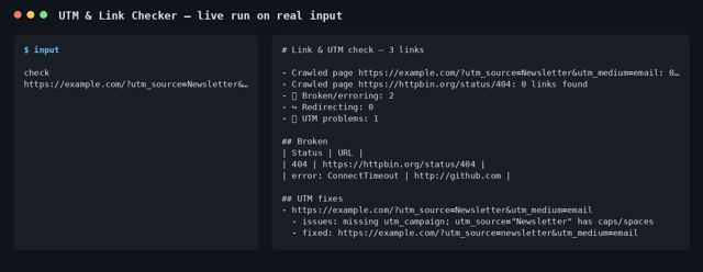 UTM & Link Checker sample output