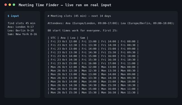 Meeting Time Finder sample output