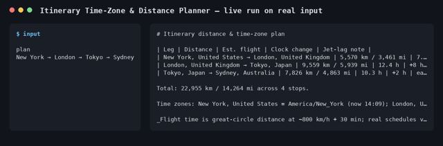 Itinerary Time-Zone & Distance Planner sample output