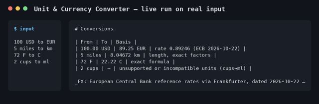 Unit & Currency Converter sample output